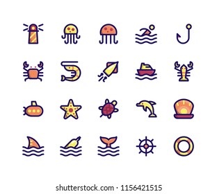 Simple Set of Camping Related Vector Filled Line Icons. Contains such Icons as Lighthouse, Jellyfish, Crab, Shrimp, Squid and More. pixel perfect vector icons based on 32px grid.