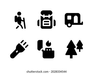 Simple Set of Camping Related Vector Solid Icons. Contains Icons as Caravan, Flash Light, Lighter, Forest and more.