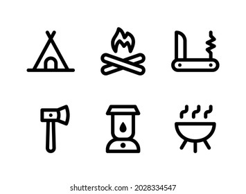 Simple Set of Camping Related Vector Line Icons. Contains Icons as Tent, Bonfire, Knife, Hatchet and more.