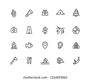 Simple Set of Camping Vector Line Icons. Contains such Icons as Walkie Talkie, Campfire, Pinpoint and more. Editable vector stroke. 48x48 Pixel Perfect.