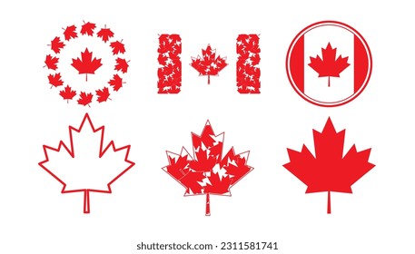 Simple conjunto de vectores de iconos de día de Canadá, conjunto de iconos canadiense Vector. Feliz Día de Canadá. 1 de julio. Bandera canadiense. Hoja de arce de Canadá roja sobre fondo blanco. Bandera de Canadá. Fiesta nacional canadiense.