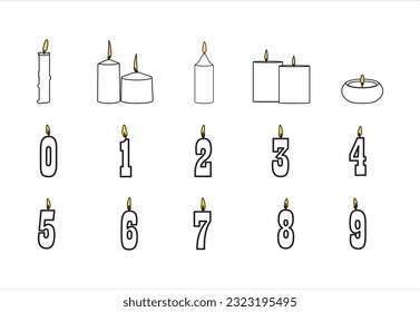 Simple set of candles icons. Black linear symbols on a white background.