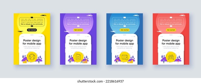 Conjunto simple de íconos de aceite de cartucho, Planeta mundial y Línea de notificación. Diseño de la oferta de afiches con el simulador de la interfaz telefónica. Incluya iconos del vaso de precipitados de química. Para web, aplicación. Vector