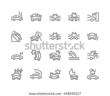 Simple Set of Car Accident Related Vector Line Icons. 
Contains such Icons as Side Collision, Frontal Collision, Broken Car, Damaged Elements and more.
Editable Stroke. 48x48 Pixel Perfect.