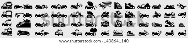 Simple Set of Car Accident Related Vector\
Icons.  Frontal Collision, Broken Car, Damaged Elements and more.\
Various types of accidents involving: car, truck, bus, train,\
motorbike, scooter,\
bicycle...
