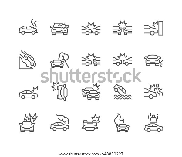 Simple Set of Car Accident Related Vector Line\
Icons. \
Contains such Icons as Side Collision, Frontal Collision,\
Broken Car, Damaged Elements and more.\
Editable Stroke. 48x48\
Pixel Perfect.