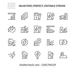 Conjunto simple de iconos de línea de vectores relacionados con la estación de carga del automóvil. 
Contiene iconos como la estación de enchufe eléctrico, el coche conectado a carga, la batería y más. Stroke editable. 48x48 Pixel Perfecto.