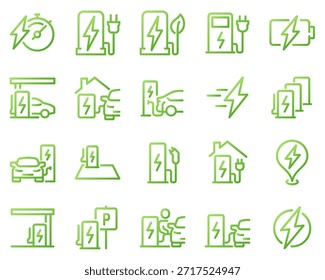 Simple Set of Car Charging Station Related Vector Line Icons. Contains such Icons as Electric socket station, Car plugged to charge, Battery and more.