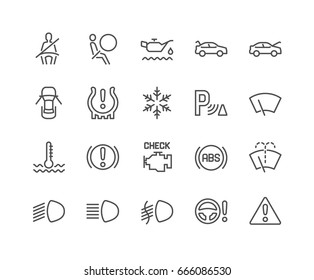 Simple Set of Car Dashboard Related Vector Line Icons. 
Contains such Icons as Check engine, Tire Pressure, Parking Radar and more.
Editable Stroke. 48x48 Pixel Perfect.