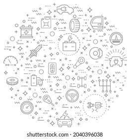 Simple Set of Car parts and car service Related Vector Line Illustration. Contains such Icons as speed meter, electric car, EV charging, station, energy, battery, oil and Other Elements.