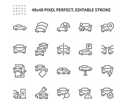 Simple Set Of Car Related Vector Line Icons. Contains Such Icons As Tech Review, Stats Comparing, Dealership And More. Editable Stroke. 48x48 Pixel Perfect.