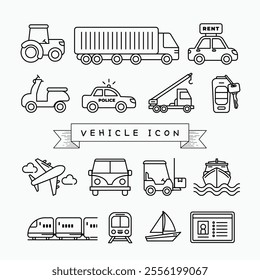 Simple set of car related vector line icons, including icons for tech reviews, stats comparison, dealerships, and more. Set of public transportation thin line icons.