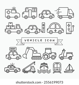 Simple set of car related vector line icons, including icons for tech reviews, stats comparison, dealerships, and more. Set of public transportation thin line icons.