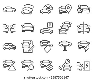 Simple Set of Car Related Vector Line Icons. Contains such Icons as tech review, stats comparing, dealership and more.
