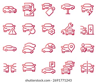 Conjunto simple de iconos de línea de Vector relacionados con el coche. Contiene íconos como revisión de tecnología, comparación de Estadísticas, concesionario y más.