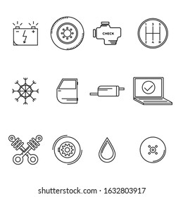 A simple set of car service icons. Contains icons such as: engine error, battery, transmission, detaling, antifreeze, diagnostics, suspension.