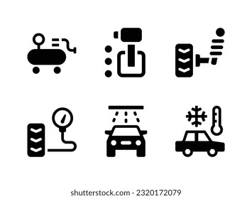 Conjunto simple de iconos sólidos vectoriales relacionados con el servicio de coches. Contiene iconos como compresor de aire, caja de cambios, suspensión y más.