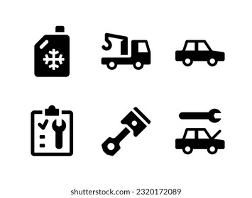 Simple Set of Car Service Related Vector Solid Icons. Contains Icons as Coolant Bottle, Towing Truck, Vehicle and more.