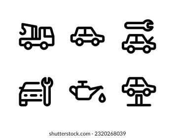 Conjunto simple de iconos de línea de vectores relacionados con el servicio de coches. Contiene iconos como camión de remolque, vehículo, reparación y más.