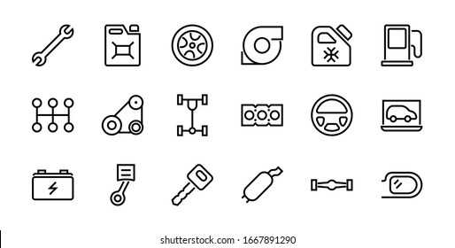 A simple set of car services related vector line icons. Contains icons such as oil, diagnostics, turbine, steering wheel, chassis, gearbox and much more. Editable move. 480x480 On a white background.