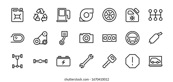 A simple set of car services related vector line icons. Contains icons such as oil, diagnostics, turbine, steering wheel, chassis, gearbox and much more. Editable move. 480x480 On a white background.