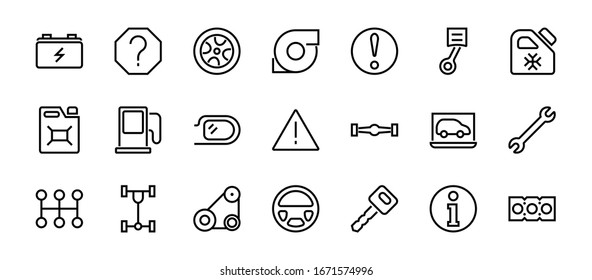 Un simple conjunto de iconos de línea vectorial relacionados con servicios de camión. Contiene iconos como aceite, diagnóstico, turbina, volante, chasis, caja de cambios y mucho más. Movimiento editable. 480x480 En un fondo blanco.