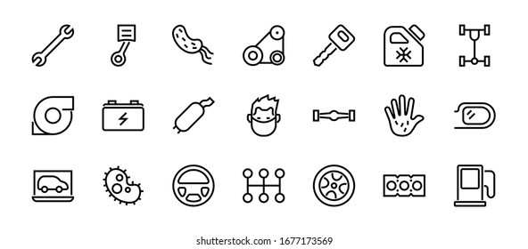 A simple set of car services related vector line icons. Contains icons such as oil, diagnostics, turbine, steering wheel, chassis, gearbox and much more. Editable move. 480x480 On a white background.