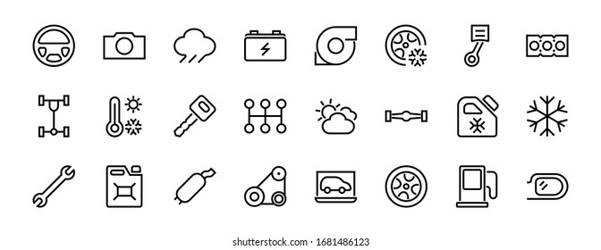 A simple set of car services related vector line icons. Contains icons such as oil, diagnostics, turbine, steering wheel, chassis, gearbox and much more. Editable move. 480x480 On a white background.