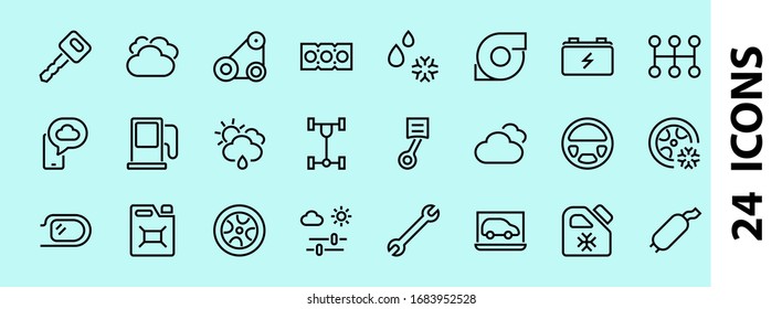 A simple set of car services related vector line icons. Contains icons such as oil, diagnostics, turbine, steering wheel, chassis, gearbox and much more. Editable move. 480x480 On a white background.