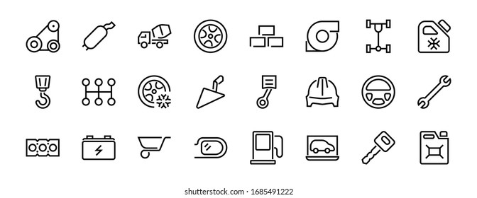 Ein einfacher Satz von Autodiensten verwandte Vektorillustration Linie Symbole. Enthält Symbole wie Öl, Diagnostik, Turbine, Lenkrad, Fahrwerk, Getriebe und vieles mehr. Bearbeitbare Bewegung. 480x480 auf weißem Hintergrund.