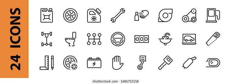 A simple set of car services related vector line icons. Contains icons such as oil, diagnostics, turbine, steering wheel, chassis, gearbox and much more. Editable move. 480x480 On a white background.