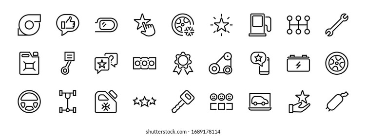 A simple set of car services related vector line icons. Contains icons such as oil, diagnostics, turbine, steering wheel, chassis, gearbox and much more. Editable move. 480x480 On a white background.