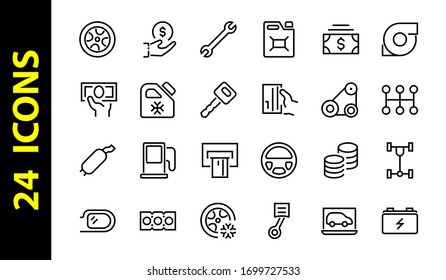 A simple set of car services related vector line icons. Contains icons such as oil, diagnostics, turbine, steering wheel, chassis, gearbox and much more. Editable move. 480x480 On a white background.