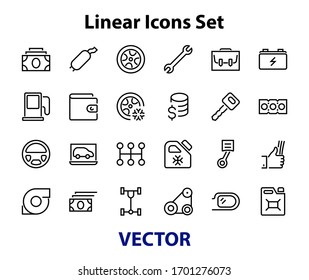 A simple set of car services related vector line icons. Contains icons such as oil, diagnostics, turbine, steering wheel, chassis, gearbox and much more. Editable move. 480x480 On a white background.