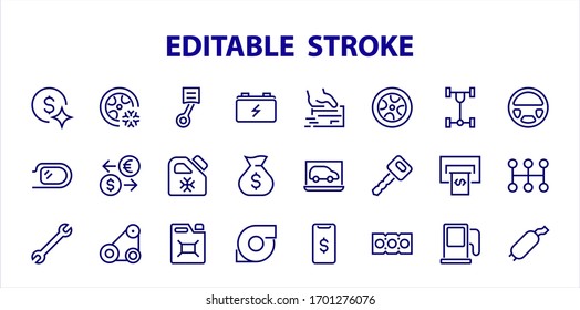 A simple set of car services related vector line icons. Contains icons such as oil, diagnostics, turbine, steering wheel, chassis, gearbox and much more. Editable move. 480x480 On a white background.