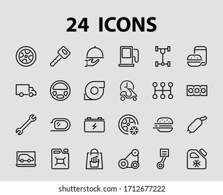 A simple set of car services related vector line icons. Contains icons such as oil, diagnostics, turbine, steering wheel, chassis, gearbox and much more. Editable move. 480x480 On a white background.