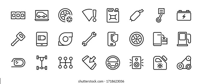 Un simple conjunto de iconos de línea vectorial relacionados con servicios de camión. Contiene iconos como aceite, diagnóstico, turbina, volante, chasis, caja de cambios y mucho más. Movimiento editable. 480x480 En un fondo blanco.