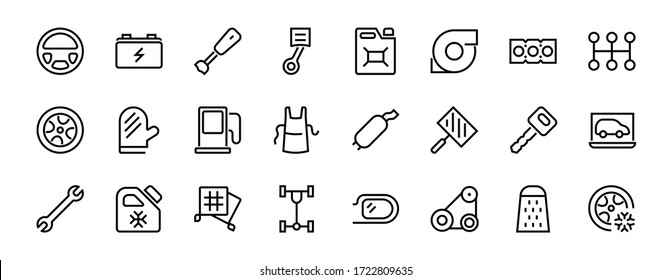 A simple set of car services related vector line icons. Contains icons such as oil, diagnostics, turbine, steering wheel, chassis, gearbox and much more. Editable move. 480x480 On a white background.