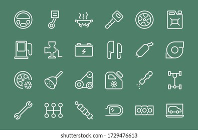 A simple set of car services related vector line icons. Contains icons such as oil, diagnostics, turbine, steering wheel, chassis, gearbox and much more. Editable move. 480x480 On a white background.