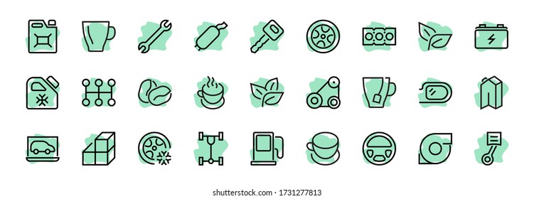 A simple set of car services related vector line icons. Contains icons such as oil, diagnostics, turbine, steering wheel, chassis, gearbox and much more. Editable move. 480x480 On a white background.