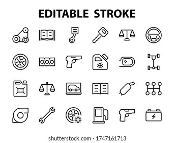 Ein einfacher Satz von Autos Dienstleistungen im Zusammenhang mit Vektorlinien Icons. Enthält Symbole wie Öl, Diagnostik, Turbine, Lenkrad, Chassis, Getriebe und vieles mehr. Bearbeitbare Bewegung. 480x480 auf weißem Hintergrund.