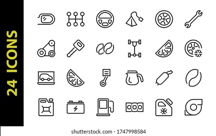 A simple set of car services related vector line icons. Contains icons such as oil, diagnostics, turbine, steering wheel, chassis, gearbox and much more. Editable move. 480x480 On a white background.