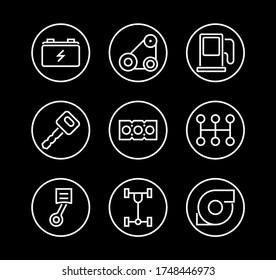 Un simple conjunto de iconos de línea vectorial relacionados con los servicios del coche. Contiene iconos como aceite, diagnósticos, turbina, volante, chasis, caja de cambios y mucho más. Movimiento editable. 480x480 Sobre un fondo blanco.
