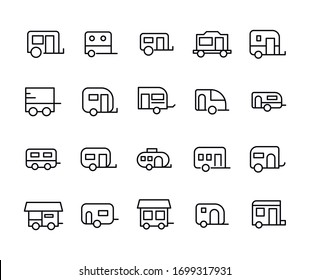 Einfache Auswahl an Caravan-Symbolen im trendigen Linienstil. Moderne Vektorillustration-Symbole einzeln auf weißem Hintergrund. Lineare Piktogrammpackung. Kollektion von Line-Icons für Web-Apps und mobiles Konzept.