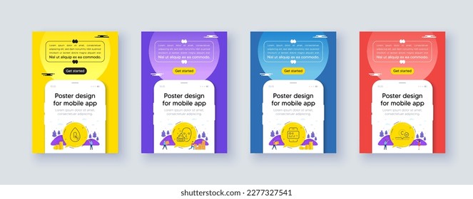 Simple set of Card, No alcohol and Face cream line icons. Poster offer design with phone interface mockup. Include Collagen skin icons. For web, application. Mobile payment, Mineral oil, Gel. Vector