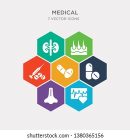 simple set of cardiogram, nose, antibiotic, pill icons, contains such as icons drugs, epidermis, kidney and more. 64x64 pixel perfect. infographics vector