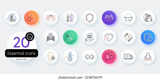 Conjunto simple de íconos de la línea de seguro de atención, termómetro y vida. Incluya anteojos, quédese en casa, iconos de distanciamiento social. Emergencia de ambulancia, anuncio de vacunación, elementos web Escudo. Vector