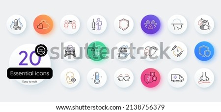 Simple set of Care, Thermometer and Life insurance line icons. Include Eyeglasses, Stay home, Social distancing icons. Ambulance emergency, Vaccination announcement, Shield web elements. Vector