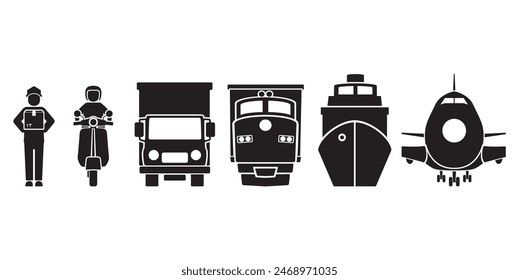 Simple set of Cargo shipping delivery expedition related vector icon, Contains icons such as courier, motorbike, cargo ship, truck, cargo train, plane. vector illustration on transparent background.