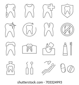 Simple Set of caries Related Vector Line Icons. Contains such Icons as teeth, dentistry, medicine, gum, stomatitis, tooth paste and more. 